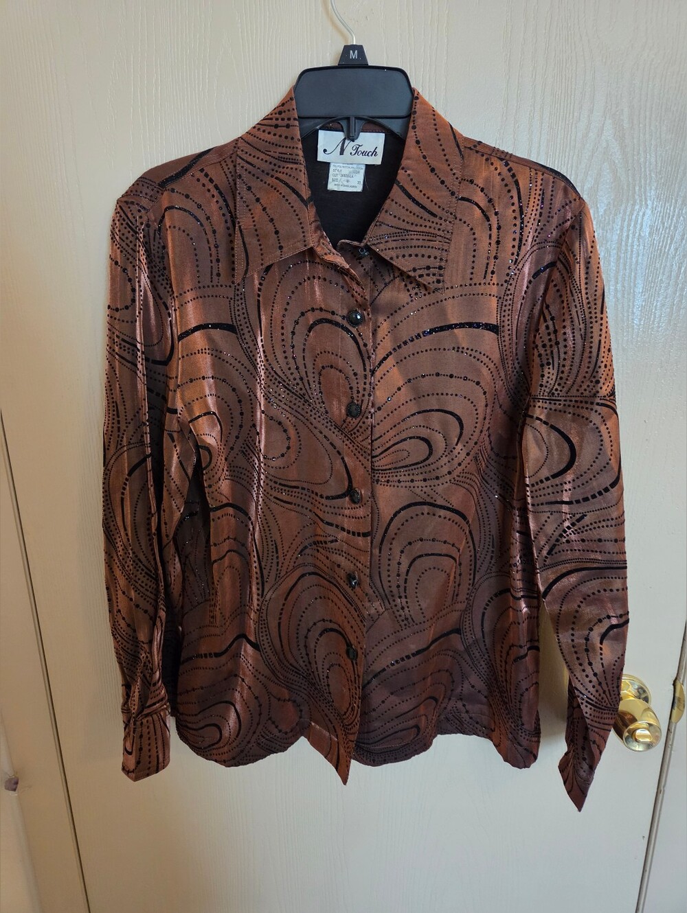 N Touch Vintage Espresso Brown Abstract Sparkly Button Down Blouse M